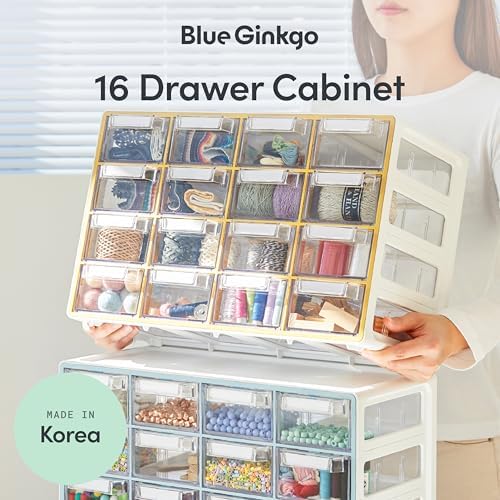 Blue Ginkgo 16-Drawer Storage Cabinet Organizer, Yellow, Made in Korea