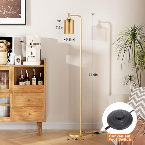 Ziisee Floor Lamps for Living Room - Gold Standing Lamp with Amber Glass Shade, Modern Floor Lamp with LED Bulbs, Bright Industrial Floor Lamp for Bedroom, Farmhouse Tall Lamp for Office