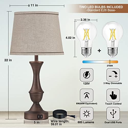 Luvkczc Touch Table Lamps Set of 2, 22" Tall Bedside Lamps with USB C+A Ports, Dimmable Table Lamp, Nightstand Lamps for Bedroom, Living Room, Office, Brown Lamps with Beige Lampshade, Bulbs Included