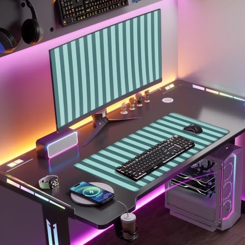 Teal Blue Striped Desk Mat Cute Pastel XXL Large Gaming Mouse Pad Desk Pad Kawaii Cozy Aesthetic Keyboard Laptop Computer Mat
