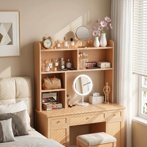 SUPER DEAL Desktop Bookshelf, Countertop Storage Hutch with 3 Shelves for Computer Desk, 2-Tier Display Rack, Multipurpose Wood Desk Hutch Storage Organizer for Home Office Dorm, Natural