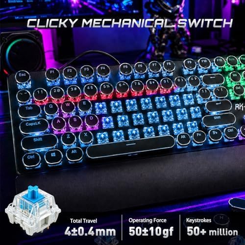 RK ROYAL KLUDGE S108 Typewriter Mechanical Keyboard, Wired Gaming Keyboard with Number Pad, Full Size Retro Keyboards w/Detachable Wrist Rest for Mac/Win/PC, Clicky Blue Switch, Rainbow Backlit Black