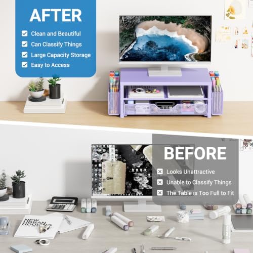 OPNICE Desk Organizers and Accessories, Computer Monitor Stand Riser with Drawer and 2 Pen Holders, Printer & Laptop Stand, Office Desk Accessories & Workspace Organizers for Home Office Supplies, Metal Purple