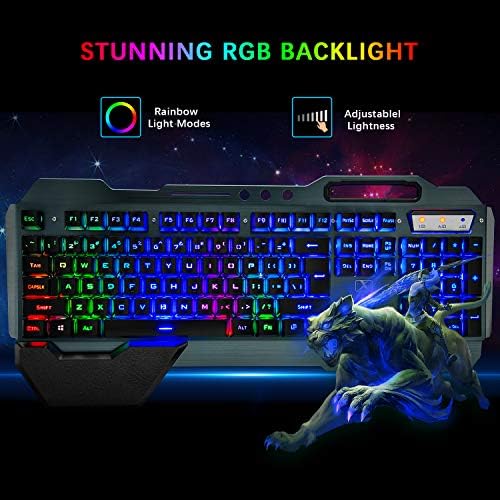 Wireless Gaming Keyboard Mouse & Mouse Pad Combo,3 in 1 Rainbow Backlit Rechargeable Keyboard with 3800mAh Battery Metal Panel Removable Hand Rest,RGB Gaming Mouse Pad(32.5x12 inch),Mute Gaming Mice