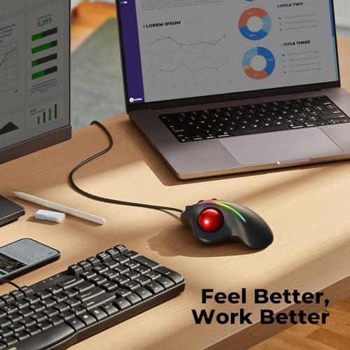 Wired Ergonomic Trackball Mouse, 34mm Thumb Control, RGB Lighting