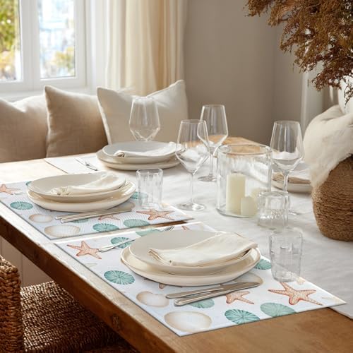 Shrahala Sea Creatures Set of 8 12 X 18 Inch Linen Placemats, Seaside Pattern Burlap Table Mat Washable Double Layered Heat Insulation for Indoor/Outdoor