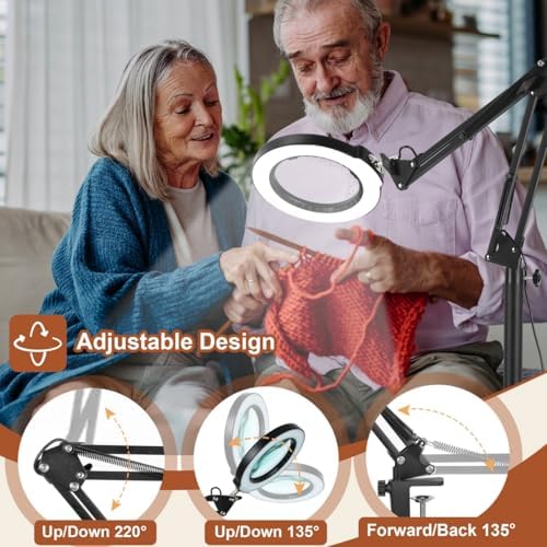 LANCOSC 15X Magnifying Glass with Light and Stand, Real Glass Lens, 5 Color Modes Dimmable, 3-in-1 Adjustable Swing Floor Lamp, LED Lighted Hands Free Magnifier & Clamp for Reading, Crafts, Painting