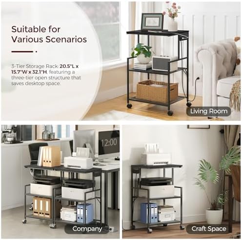 MAHANCRIS Mobile Printer Stand, 3-Tier Industrial Printer Cart with Power Outlets and 2 USB Ports, Rolling Printer Table on Wheels for Home Offices Kitchen Organization Rack, Black PTHB78E01