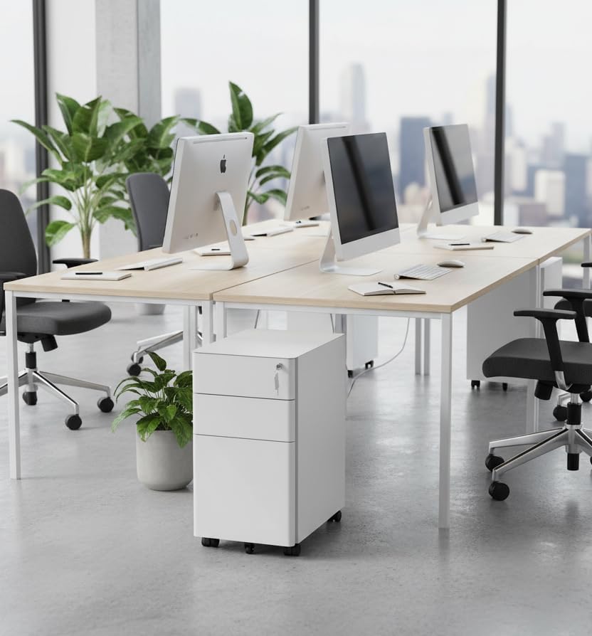 Mount-It! Slim 3 Drawer White File Cabinet with Lock, Mobile Metal Filing Cabinet on Wheels, Under Desk Storage Drawers for Home & Office, Letter Legal A4, White