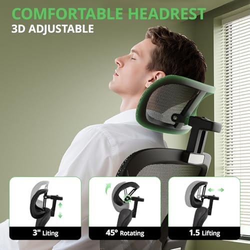 Synorla Ergonomic Office Chair with Footrest, Mesh Desk Chair with 135° Recline, Adjustable Lumbar Support, 3D Armrests and Headrest, Swivel Computer Chair for Home Office
