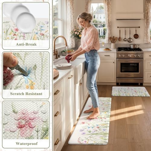 KIMODE Anti Fatigue Kitchen Mats for Floor, Floral Kitchen Rugs Sets of 2