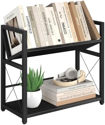 ELITEROO Desktop Bookshelf, 2 Tier Desk Book Organizer Shelf, Wood Tabletop Bookshelf Storage, Small Desk Top Bookcase for Office, Home, or Study, Mini Table Book Rack for Display, Black