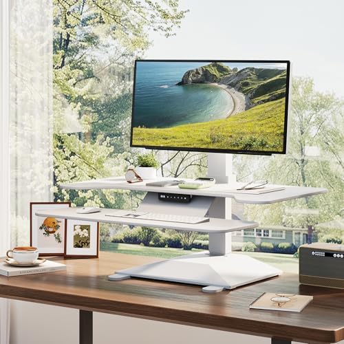Electric Standing Desk Converter 36" Wide, Height Adjustable Desk Riser, Computer Workstation, Sit-Stand Convertor for Home, Office, School (White, 1 Arm Included)