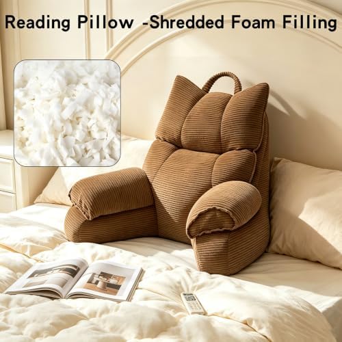 Reading Pillow for Bed with Arms, Back Support, Memory Foam（Brown，Large）