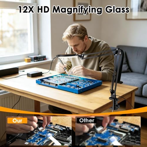 12X Magnifying Glass with Light and Stand Hands Free, Long Swing Arm Desk Magnifying Light with Clamp for Close Work, Dimmable Lighted Magnifier Lamp for Soldering Craft Jewelry Bench Sewing