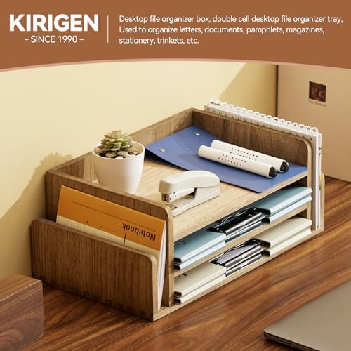 KIRIGEN Wood Desk Organizer, 5-Tray Letter Tray and Mail Sorter, Brown 2TP