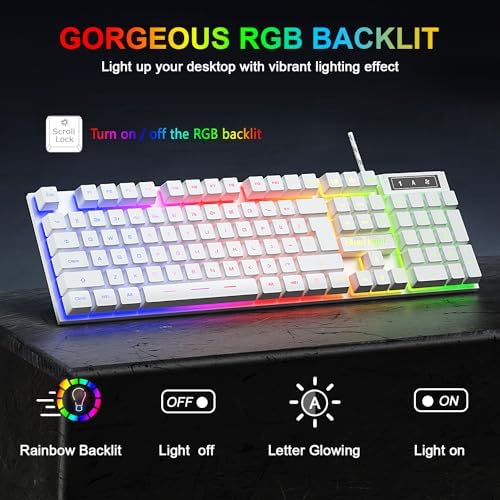 BlueFinger RGB Gaming Keyboard and Backlit Mouse Combo, USB Wired, LED Gaming Set for Laptop PC Computer Game and Work(White)