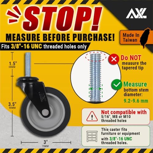 AXL 3 Inch Caster Wheels Set of 4, 3/8"-16 x 1-1/2" Threaded Stem Casters with Brake, Heavy Duty TPR Rubber Swivel Caster Wheels, Quiet Smooth Rolling Casters for Workbench, Cart, Cabinet, Shelving