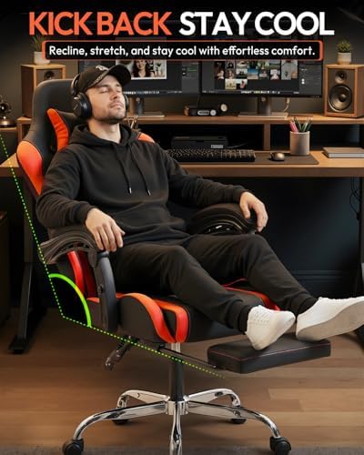 Dowinx Ergonomic Gaming Chair with Footrest & Massage Lumbar, 2D-Linkage Armrests for Computer Chair 330lbs with Headrest Pillow for Office, Home, Streaming and Long Gaming Sessions, Red