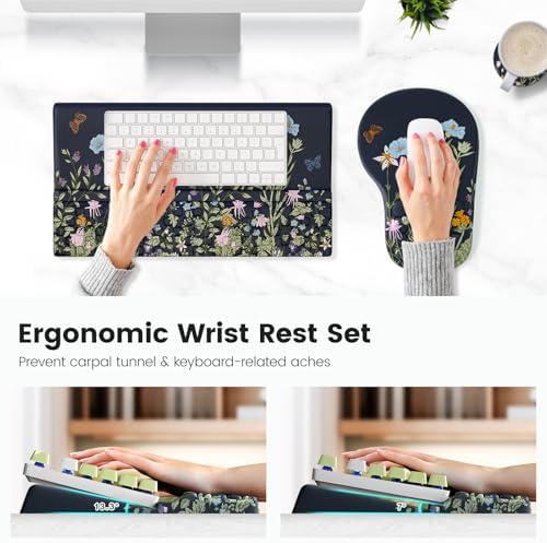 Ospelelf Ergonomic Mouse Pad and Keyboard Stand Wrist Rest Set, Memory Foam Comfort, Pain Relief for Typing, Office Desk Accessories, Moonlit Blossoms
