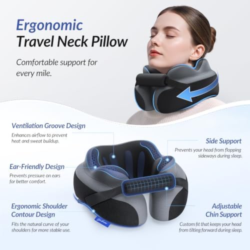 ZIKEE Travel Pillow for Airplane, Adjustable Chin Support for Stable Sleep, Ergonomic Neck Pillow to Support Head & Neck on Flights, Ear-Friendly Memory Foam Airplane Pillow, Carry Case, Airy Cover
