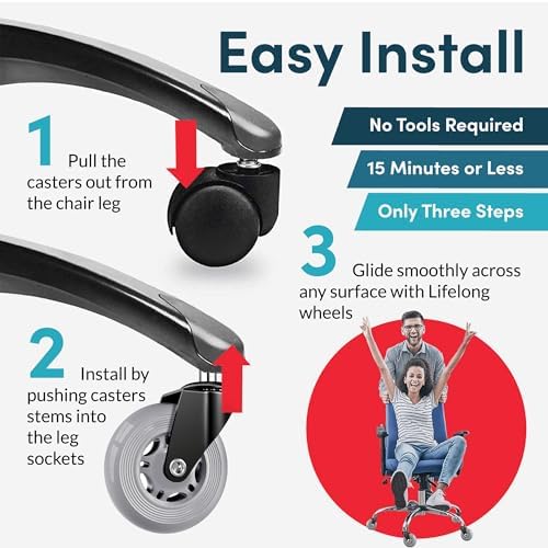 Lifelong Office Chair Wheels Replacement, Heavy Duty, Grey, 5-Pack Fits 98%