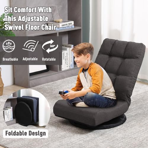 Swivel Floor Chair for Teens，Multipurpose Gaming Chair Rocker for TV, Reading, Playing Video Games Lumbar Support, Adjustable Foldable Backrest,Brown