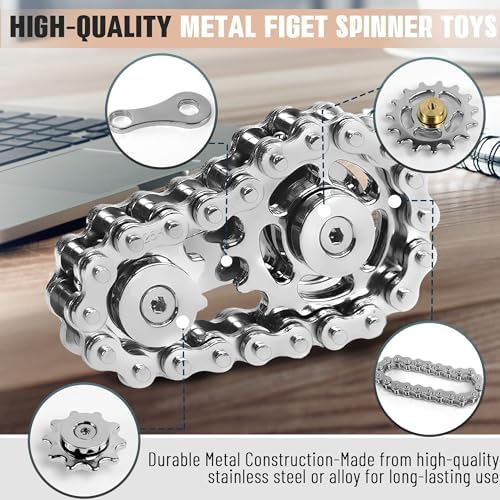 Fidget Spinner Toy for Adults Metal Figette Bike Chain for Adult Men Pain Stim ADHD Teen Cool Gadgets Quiet Desk Offices Anxiety Relief Items Stress Tool Sensory Spiky - Black+Silver