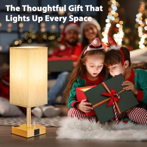 Gold Bedside Table Lamps Set of 2 - Dimmable, USB C+A, 2 AC Outlets