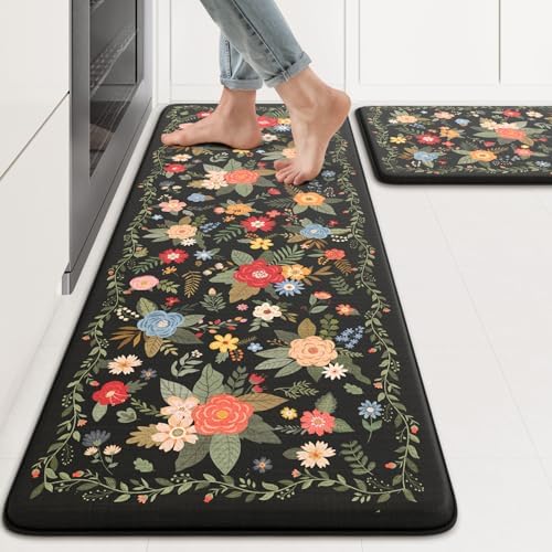 KIMODE Kitchen Mats Cushioned Anti Fatigue,Black Floral Kitchen Rugs Set