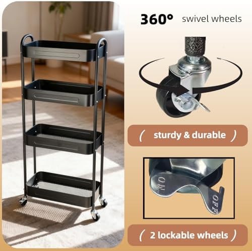 4 Tier Slim Storage Cart with Wheels for Laundry Room Between Washer and Dryer, 7.1'' Narrow Rolling Cart with Wheels and Lockable Casters, Metal Thin Standing Shelf for Small Space, Black