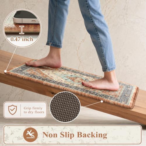KIMODE Anti Fatigue Kitchen Mat, Boho Distressed Kitchen Rugs Fall Orange