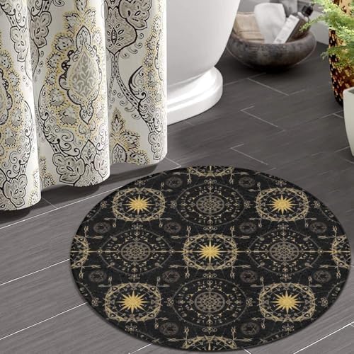 Home Decor Non Slip Kitchen Office Circle Rug, Machine Washable Modern Round Area Rug, Room Sofa Yoga Soft Round Carpet Ancient Viking Vegvisir Art Wind Rose Magic Navigation Gold Compass