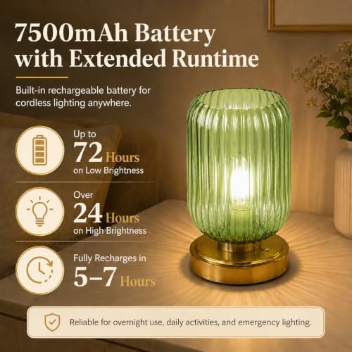 Cordless Glass Table Lamp, 3 Color Modes & Stepless Dimming, Green