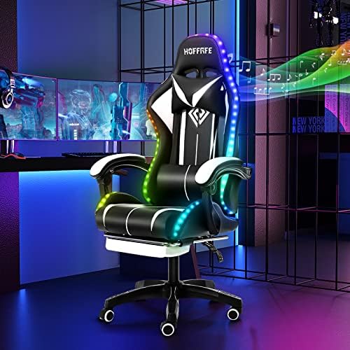 HOFFREE RGB Gaming Chair with Speakers Massage LED Lights Game Chair-White