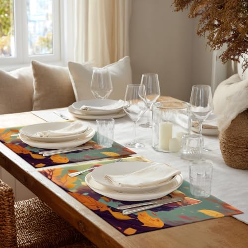 Shrahala Autumn Maple Leaves Set of 8 12 X 18 Inch Linen Placemats, Kittens Scarves Fallen Leaves Autumn Wind Burlap Table Mat Washable Double Layered Heat Insulation for Indoor