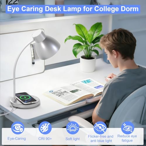 LED Desk Lamp for Home Office with Wireless Charger, Silver