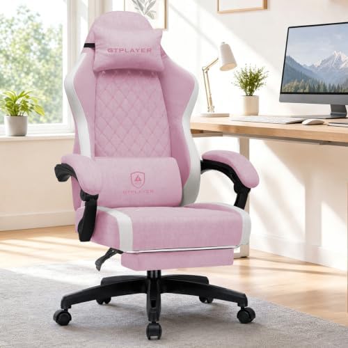 GTPLAYER Gaming Chair Fabric with Pocket Spring Cushion, Big and Tall Gamings Chairs 350LBS High Back Computer Chair with Footrest for Adults Lumbar Support Swivel Game Chair for Office Pink