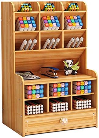 Marbrasse Wooden Desk Stationary Organizer, Multi-Functional Pen Holder, Storage Rack for School Home Office Art Supplie (B16-Cherry Color)