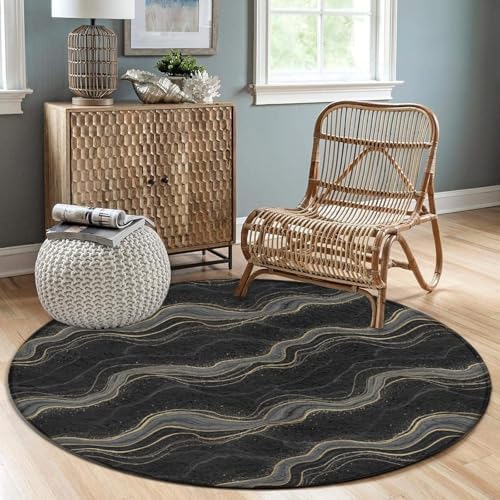 Large Home Decor Mat, Soft Round Yoga Carpet, Non Slip Machine Washable Kitchen Office Circle Rug Black Marble Gold Line, 36inch