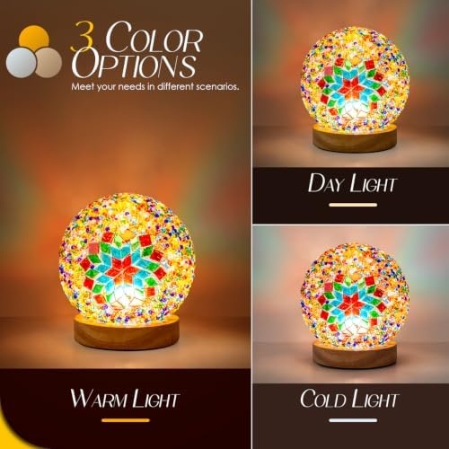Turkish Mosaic Lamp, 3 Color Temperature Tiffany Bedside Lamp with USB Power, Moroccan Glass Lantern Table Lamp for Living Room Decor, Simple Control (D:4.7" x H:5.2") (Color2)