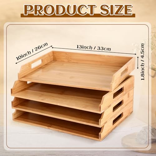 AceOrbit 4 Pcs Stackable Paper Tray Bamboo Wood Desk Organizer Letter Tray