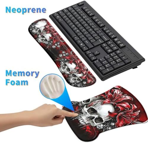 3Pcs Ergonomic Memory Foam Keyboard Wrist Rest Pad Set, Red Flower Skull