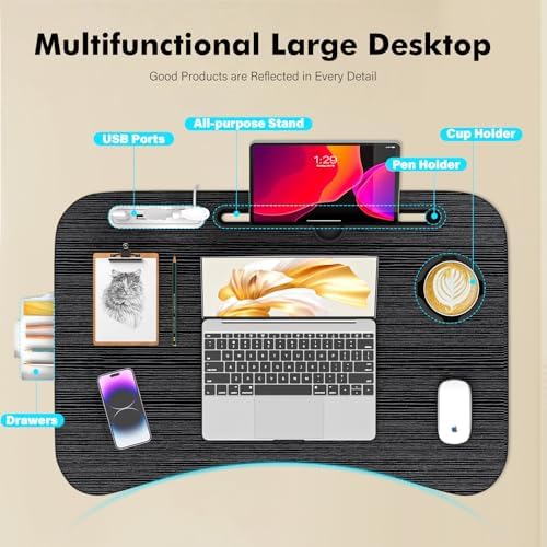 Lap Desk for Bed Adjustable Height, Foldable Bed Table with Storage Drawer, Tablet Slot & Cup Holder, Portable Laptop Stand for Bed & Sofa, Bed Desk for Adults & Kids, Black