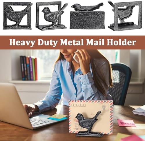 BTSKY Cast Iron Mail Organizer Countertop, Heavy Duty Desk Mail Holder for Letters & Documents, Vertical Envelope Sorter for Home Office, Bill Rack - Black, Bird Shape