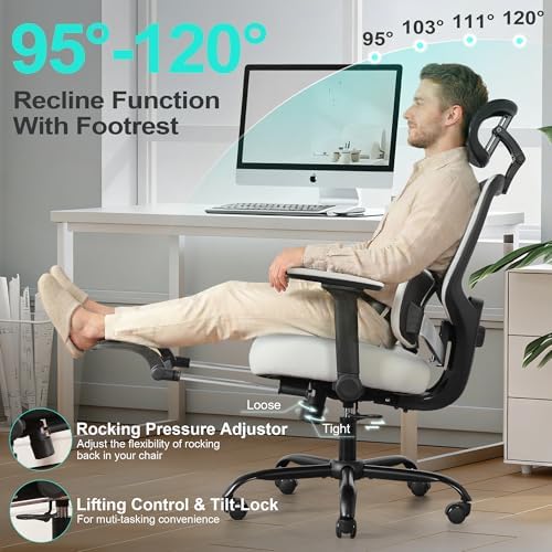 Ergonomic Office Chair with 4D Flip-Up Arms & Footrest, Mesh Desk Gaming Chair with 3D Headrest & 2D Floating Wing Lumbar Support, High Back Computer Chair for Home Office Vanity, Grey