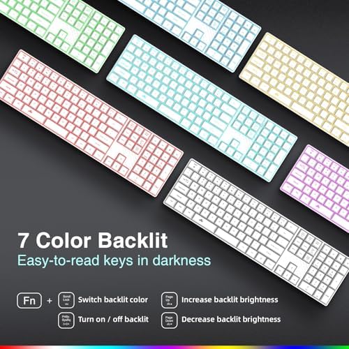 POWZAN Wireless Backlit Keyboard Quiet - Computer Rechargeable Ergonomic Light UP Keyboard, Silent Keys Full Size Compatible for Windows, Desktop, Laptop, PC, Gaming, PS5 - White