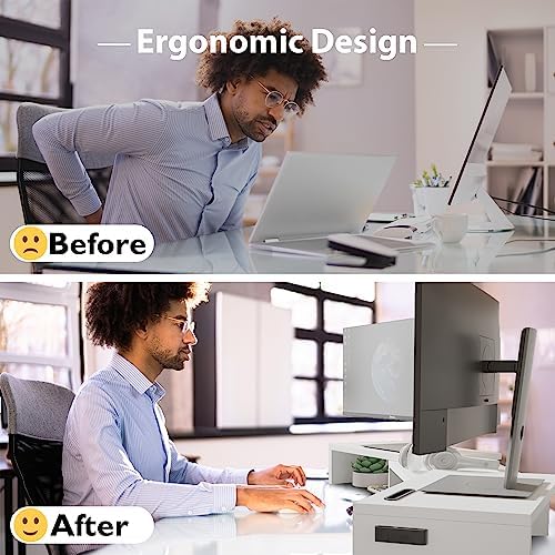 BONTEC Dual Monitor Stand Riser, Adjustable Length & Swivel Angle, White