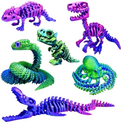 6pcs 3D Printed Dinosaur Skeletons,Octopus,Snake Flexible，Articulated T-Rex Fidget Toys,Large,3D Printed Animals,Desk Toy，Easter Eggs Basket Stuffers,Toys for Boys Kids Teen Girl 4-6 8-12
