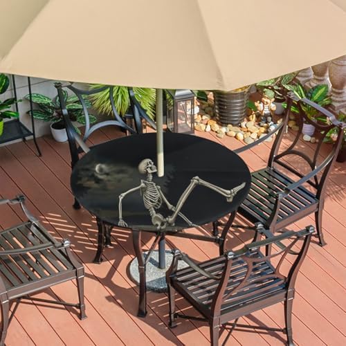 Outdoor Round Tablecloth with Hidden Umbrella Hole, Funny Skeleton Stretching Halloween Night Waterproof Table Covers with Elastic Zippered Machine Washable Table Cloths Mat 36-42 inch for Picnic